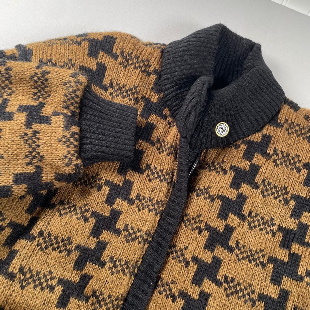 Silvercord Vintage Knit Quilted Jacket Brown Black Houndstooth Zip Front M